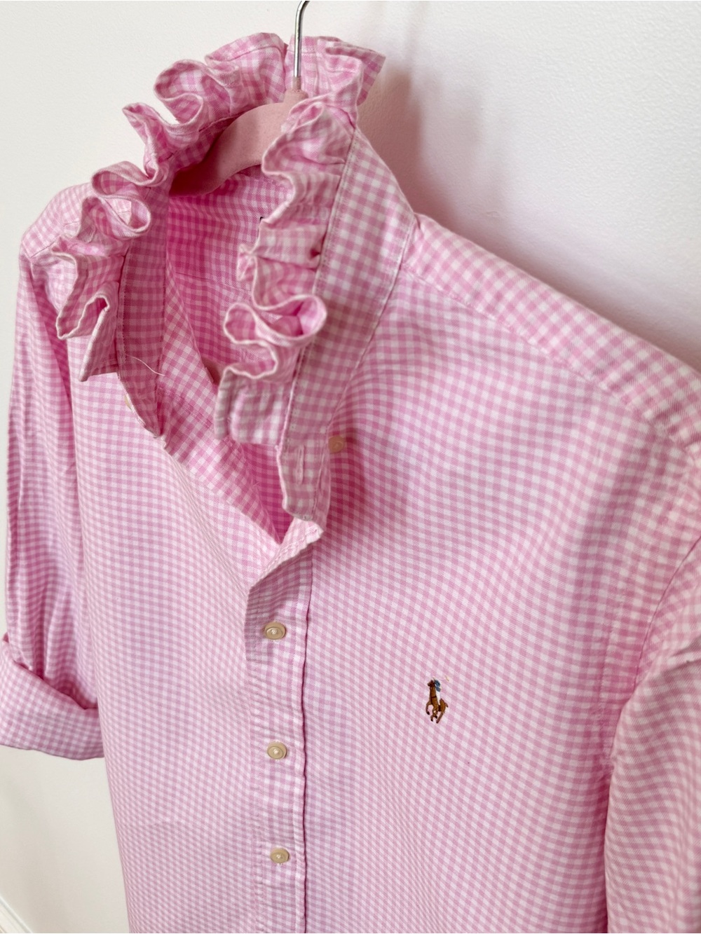 Ralph Lauren Pink Gingham Ruffle Collar Button-Down Shirt